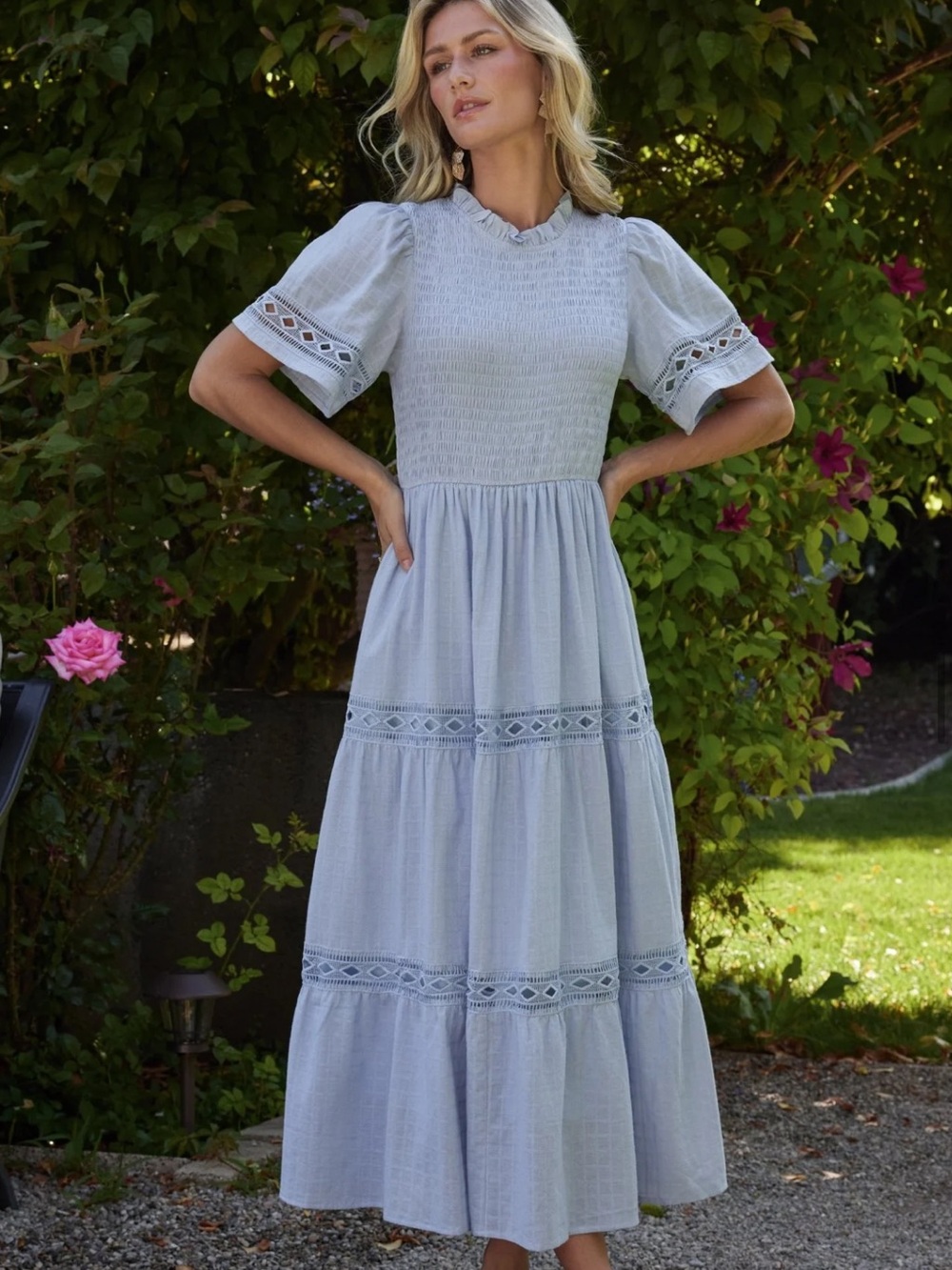 Baltic Born Loveland Geo Lace Maxi Dress Light Blue Medium NWT